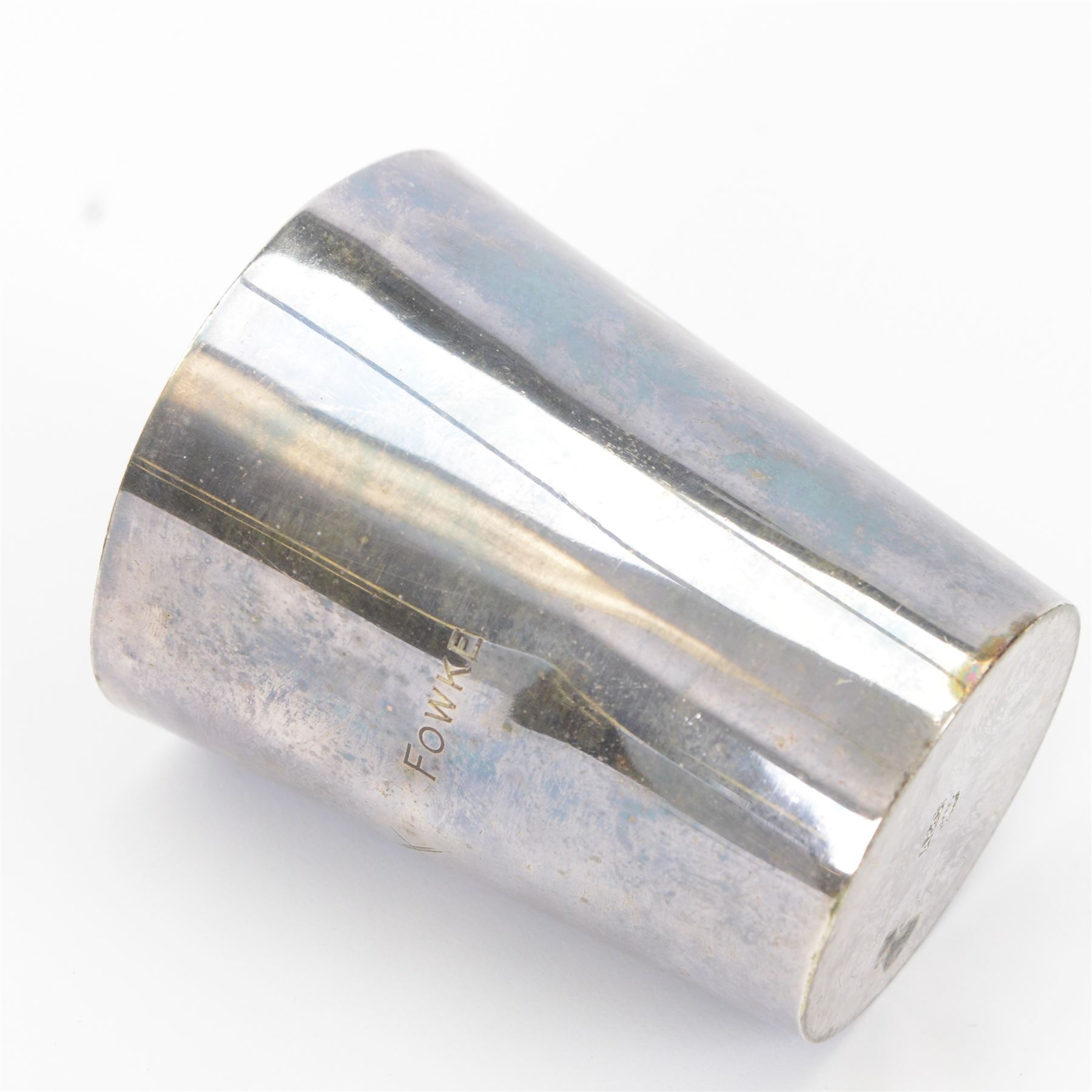 Asprey silver plated stirrup cup, engraved with name to body, together with a set of graduating silver plated stirrup cups, both in leather cases