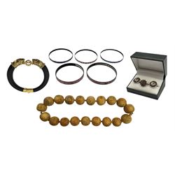 Collection of jewellery, including bone necklace, silver-gilt garnet ring, enamel fox cufflinks, Michaela Frey bracelets, etc
