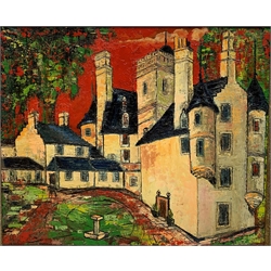 Lady Brenda Steel-Maitland (British ?-2003): 'Red Sky' Castle Gogar near Edinburgh, oil on board, signed, titled and inscribed verso 49cm x 60cm