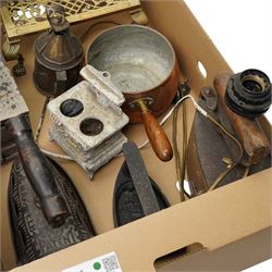 Max Elb, Dresden patent charcoal box iron, two others, flat iron, kitchen scales and weights etc