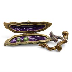 Jay Strongwater - 'Two Peas in a Pod' enamel trinket box, L11.5cm, frog brooch and small trinket box, decorated with a fly and trailing leaves, all set with Swarovski crystals (3)
