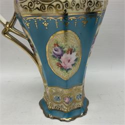 Noritake coffee service, hand painted with roses and gilt detail on a blue ground, comrosing coffee pot, five cups and saucers