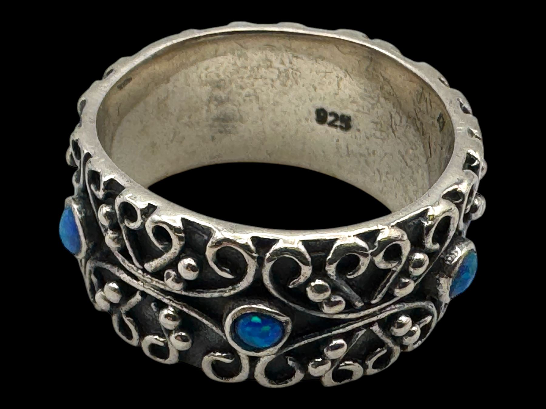 Silver opal filigree band ring, boxed