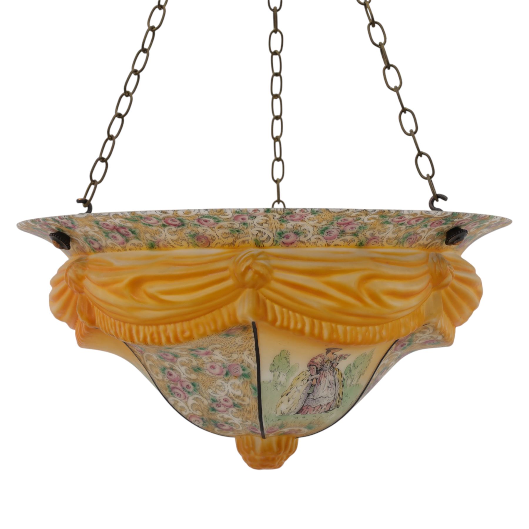  Early 20th century painted glass ceiling light fitting, the domed shade decorated with figural panels alternating with scrolling foliate and floral reserves, centred by a moulded knop finial, in amber and pastel tones