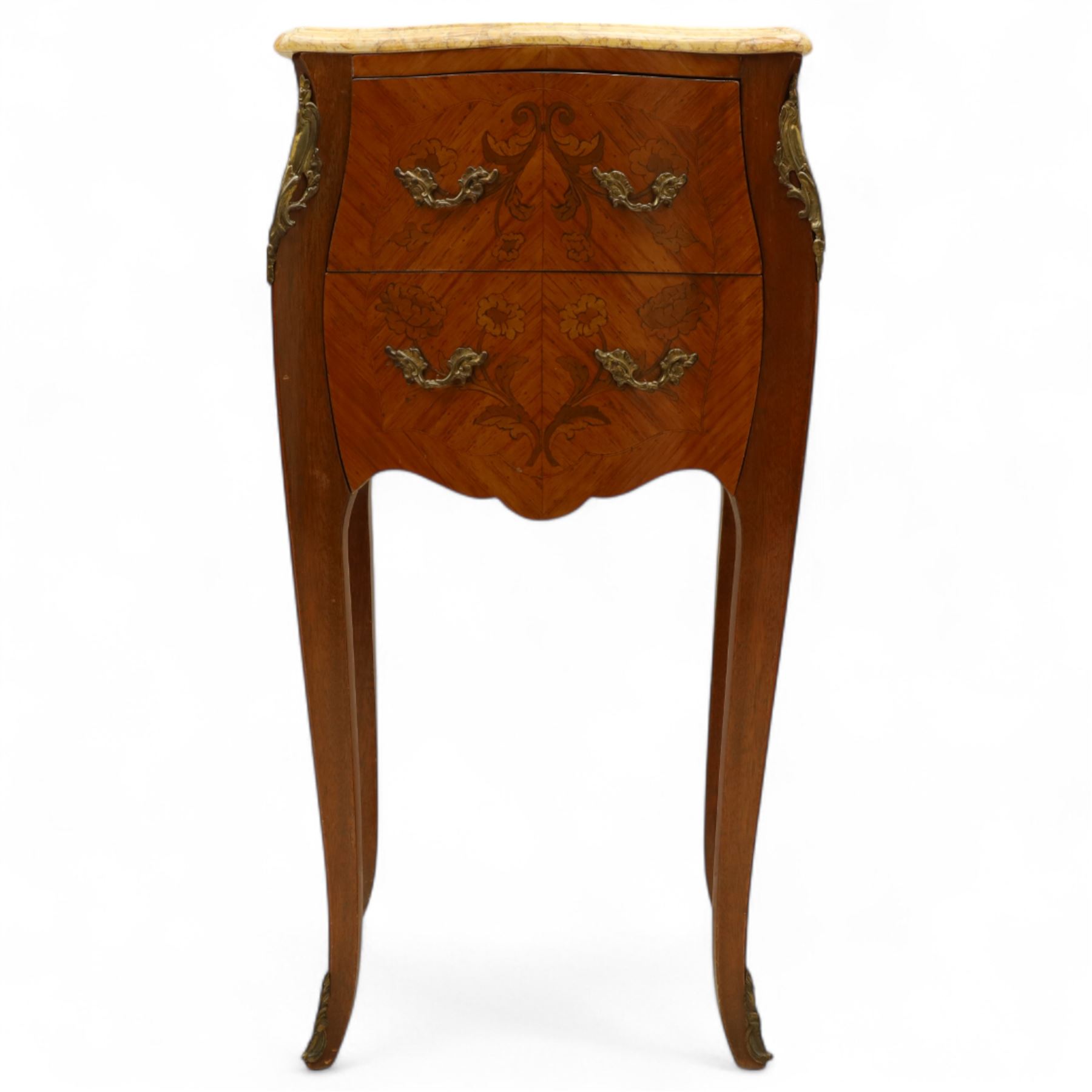 Pair of Louis XV style kingwood and marquetry bedside cabinets, the serpentine sienna marble top above two bombe fronted drawers with rococo style bronze handles and masks on slender cabriole legs terminating in bronze sabots  