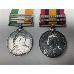 Boer War pair of medals comprising Queens South Africa Medal with two clasps for Paardeberg and Relief of Kimberley and Kings South Africa Medal with two clasps for South Africa 1901 & 1902, awarded to 9752 Dvr. T. Finan A.S.C. with ribbons (2)