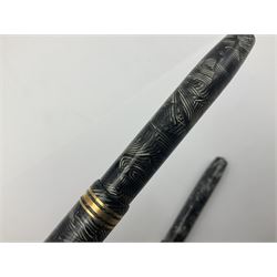 Conway Stewart Executive 60 fountain pen, the barrel and cap with hatched grey and black marble decoration and gold nib stamped Duro 14ct, together with a Conway Stewart 58 fountain pen similarly decorated in pearl blue and black with gold nib stamped 14ct, largest 13cm (2)