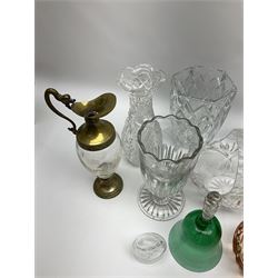 Italian glass and silver-plated wine claret jugs, with serpent handles, stamped to base Distillerie Buton Bologna Italia, Argenterie G. Galbiati Milan, together with a collection of glass including two Balmoral crystal decorations, four vases of tulip form. 