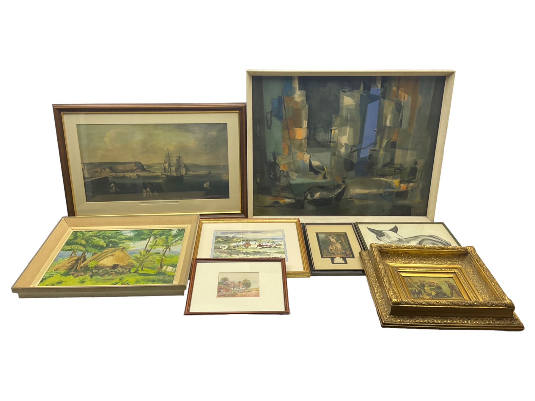 Peter Cornwell watercolour, IE Regnault oil on board, Marcel Mouly print on canvas, Baxter print, and further pictures (qty)