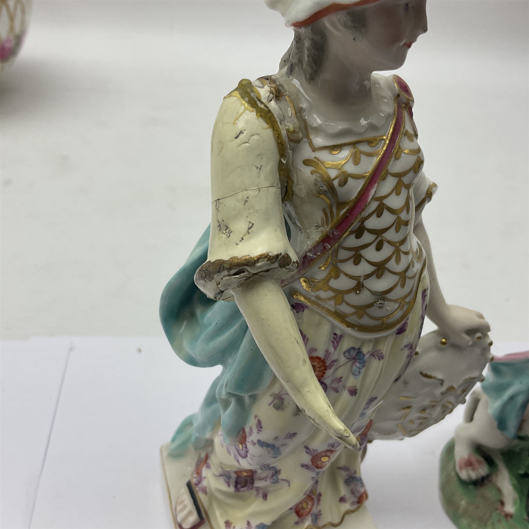 Group of 18th and 19th century ceramics for repair and restoration, to include an 18th century Derby figure emblematic of the Continent of Africa, pair of small 19th century Derby vases, painted with birds and floral spray, 19th century Derby slop bowl decorated in the 594 pattern with pink roses against gilt trellis, 19th century Derby figure of a recumbent deer, Serves style box, and two further figures