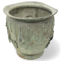 Late 19th/Early 20th Japanese bronze jardiniere, decorated with a raised pattern of dragons chasing flaming pearls H35cm x D36cm