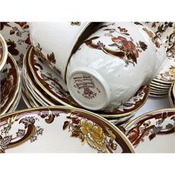 Masons Brown Velvet pattern tea and dinner wears, to include eight dinner plates, eight twin handled soup bowls and saucers, eight tea cups and saucers, cheese cover and plate, jug, meat platter etc (84)  