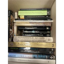 Large quantity of art reference books predominantly in English, to include David Hockney a Retrospective, The Folio Society; The Story of the Renaissance, Henry Moore, etc in four boxes   