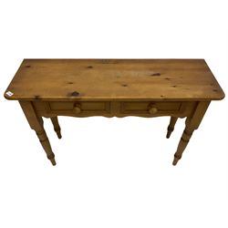 Waxed pine side table, fitted with two drawers