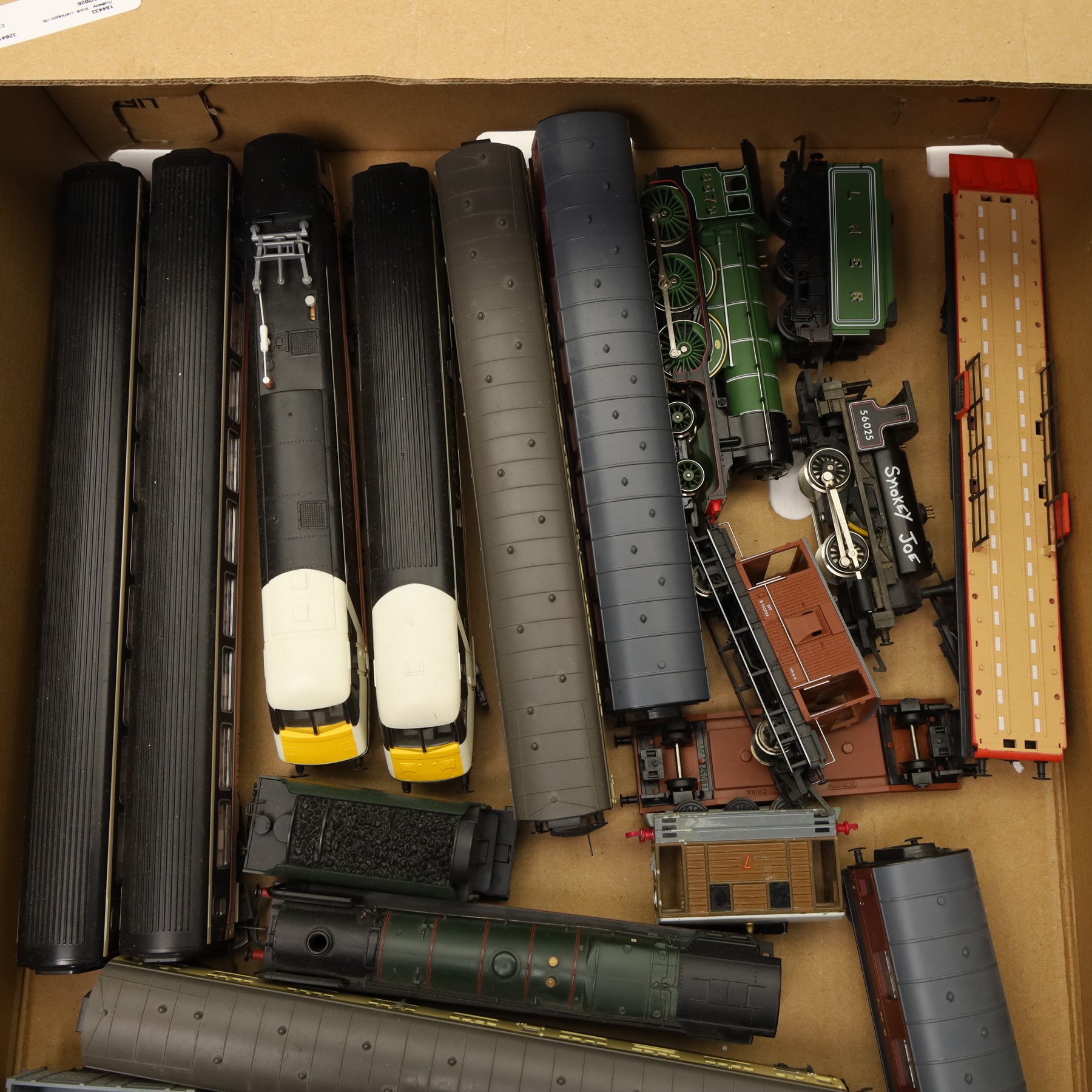 Model railway items - track, carriages etc, contents in two boxes