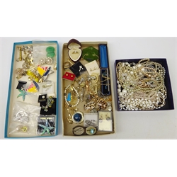  Collection of costume and other jewellery to include simulated pearl necklaces, gold plated illusion set heart shaped ring, rolled gold watch bracelet, crystal pendant on chain, marcasite cocktail watch bracelet & similar brooches etc turquoise pendant on chain and other jewellery   