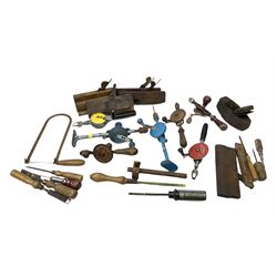 Quantity of woodworking tools, comprising hand drills to include Stanley No. 803 and No. 5803, Qualcast Clipper etc, together with collection of planes to include moulding examples and rebate plane of stepped form, and further tools including chisels etc