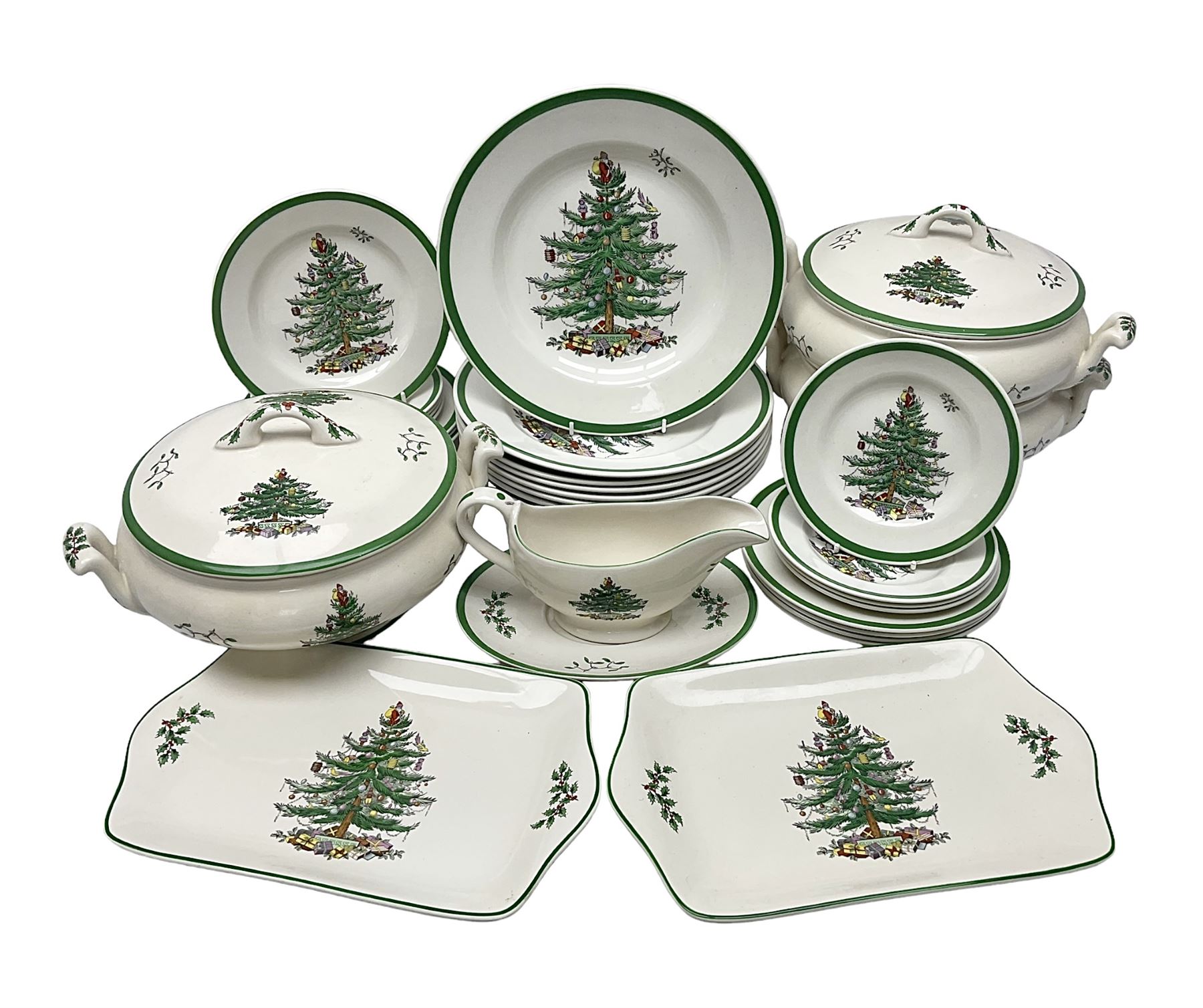 Collection of Spode Christmas Tree pattern part dinner service, comprising three covered tureens, eight dinner plates, eight side plates, eight dessert plates, sauce boat and saucer and serving platter (30)