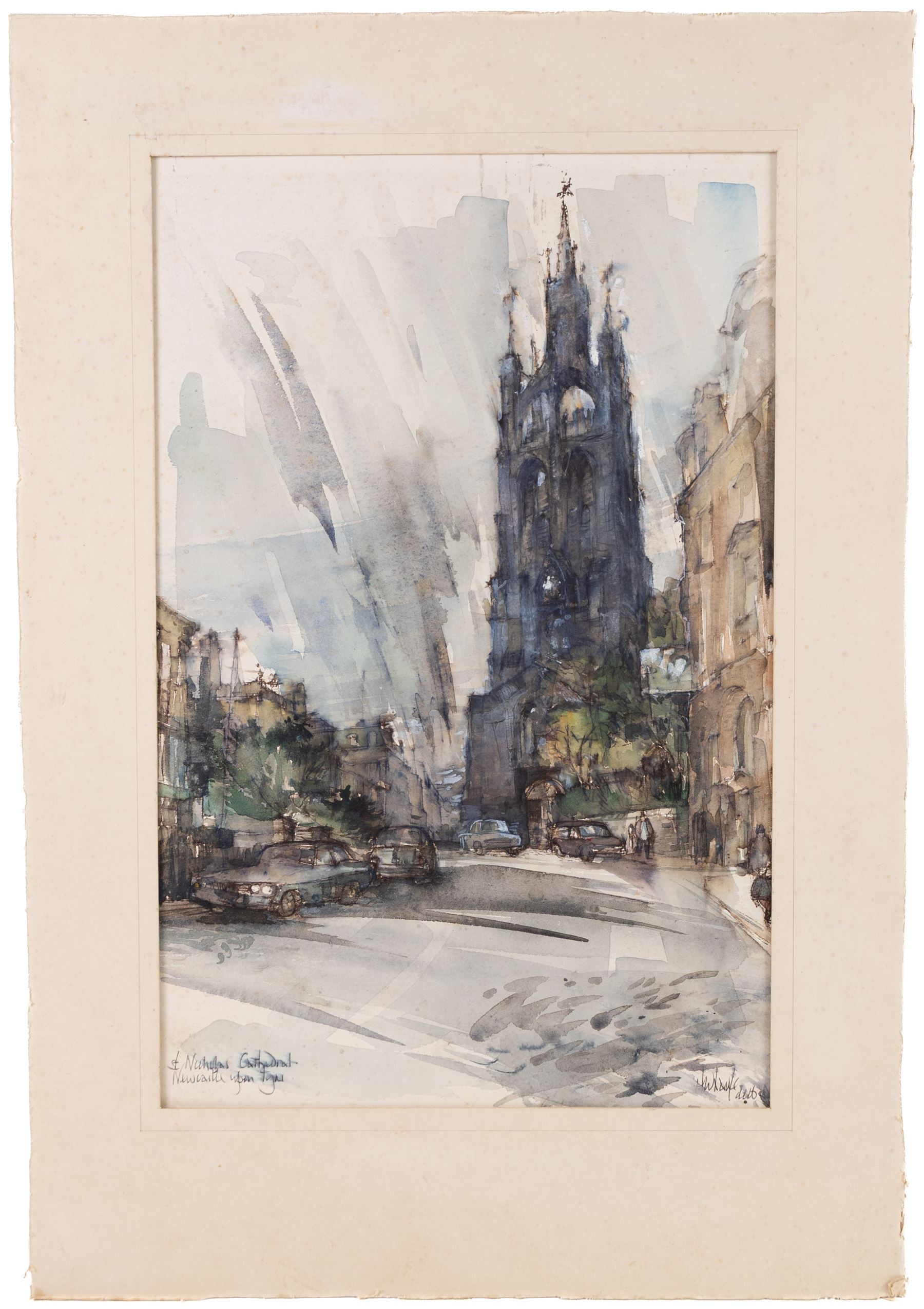 Harold Wharfe (Yorkshire 1916-1999): 'St Nicholas Cathedral - Newcastle upon Tyne', watercolour heightened with white signed titled and dated 1980 below the mount 43cm x 28cm (unframed)