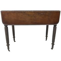 Regency mahogany Pembroke table, moulded rectangular drop-leaf top with rounded corners, fitted with single end drawer, on rope twist supports with brass cups and castors 