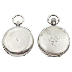 Victorian silver full hunter key wound lever pocket watch, the movement engraved 'Gold Medals & Grand Diploma of Honour', case by Arthur Baume & Co, London 1885 and a Waltham Equity silver open face keyless lever pocket watch, No. 22404511, case by Dennison Watch Case Co, Birmingham 1920 
