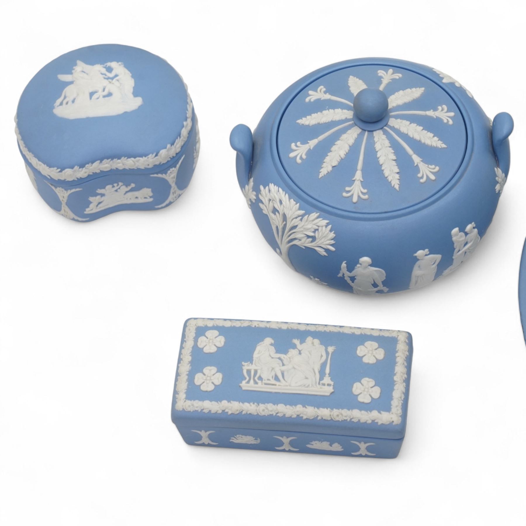 Two vases decorated with Fountains Abbey and Melrose Abbey, Imari charger and various Wedgwood jasperware items, in one box