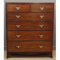  George III mahogany and ebony inlaid chest of two short and four long drawers, brass drop bar swan neck handles, the shaped apron with splayed feet, by 'John Taylor of Colchester', W107cm, H128cm, D54cm  