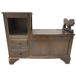 17th century design oak monks bench, metamorphic triple panelled top, over box seat with hinged lid and lion arm terminals (W97cm D44cm H73cm); and matching telephone table, fitted with two drawers and hinged box seat (W92cm D36cm H74cm)