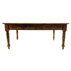 19th century and later pine farmhouse style kitchen dining table, rectangular boarded top over two side drawers, turned supports, polished and waxed finish