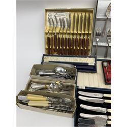 Silver plated boxed set of six teaspoons with sugar tongs, boxed set of silver plated cake forks with cake servers, and a quantity of other silver plate and stainless steel cased and loose cutlery etc