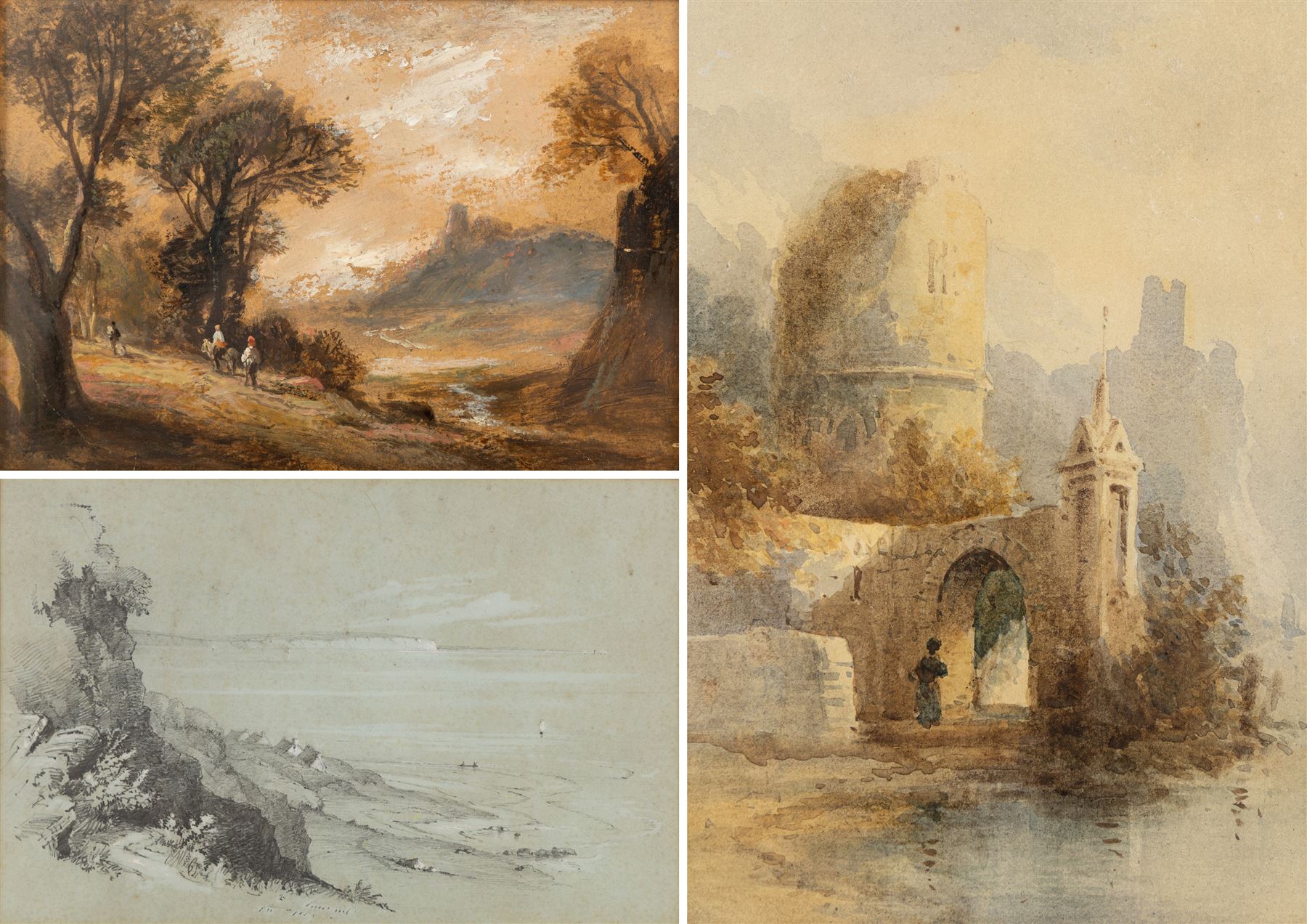 Attrib. James Duffield Harding (British 1798-1863): View of the East Yorkshire Coast, pencil unsigned 18cm x 27.5cm; Continental School (19th/20th century): Girl Underneath Archway, watercolour unsigned 24cm x 16cm and English School (19th/20th century): Horse Riders in a Forest Clearing, oil on board indistinctly signed 14cm x 20cm (3)