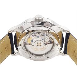 Louis Erard gentleman's stainless steel automatic moonphase wristwatch, blue dial with Arabic and dagger hour markers and day / date aperture, on blue leather strap, with fold-over clasp, boxed