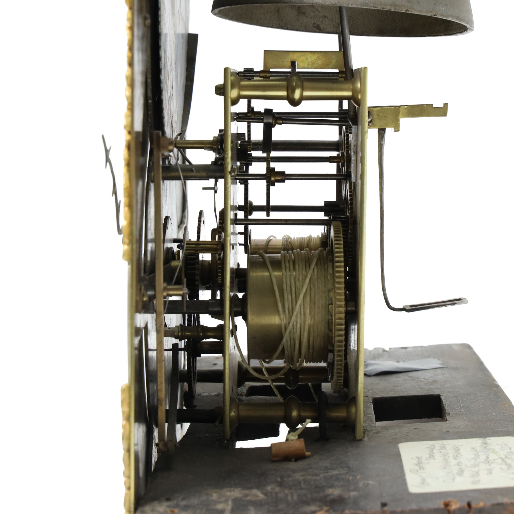 18th century longcase clock movement, the steel and brass dial inscribed Porthouse, Darlington, eight day with moon roller and centre calendar, seconds ring 44cm x 31cm