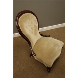  Victorian spoon back nursing chair, serpentine seat, on scrolled feet with castors   