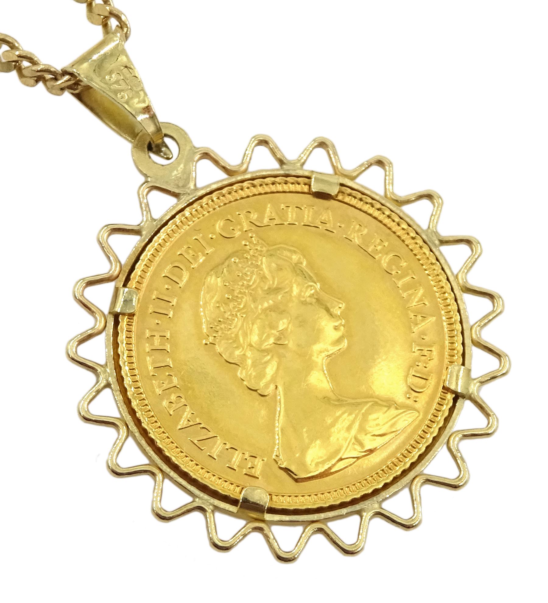 Queen Elizabeth II 1982 gold half sovereign coin, loose mounted, on 9ct gold pendant necklace