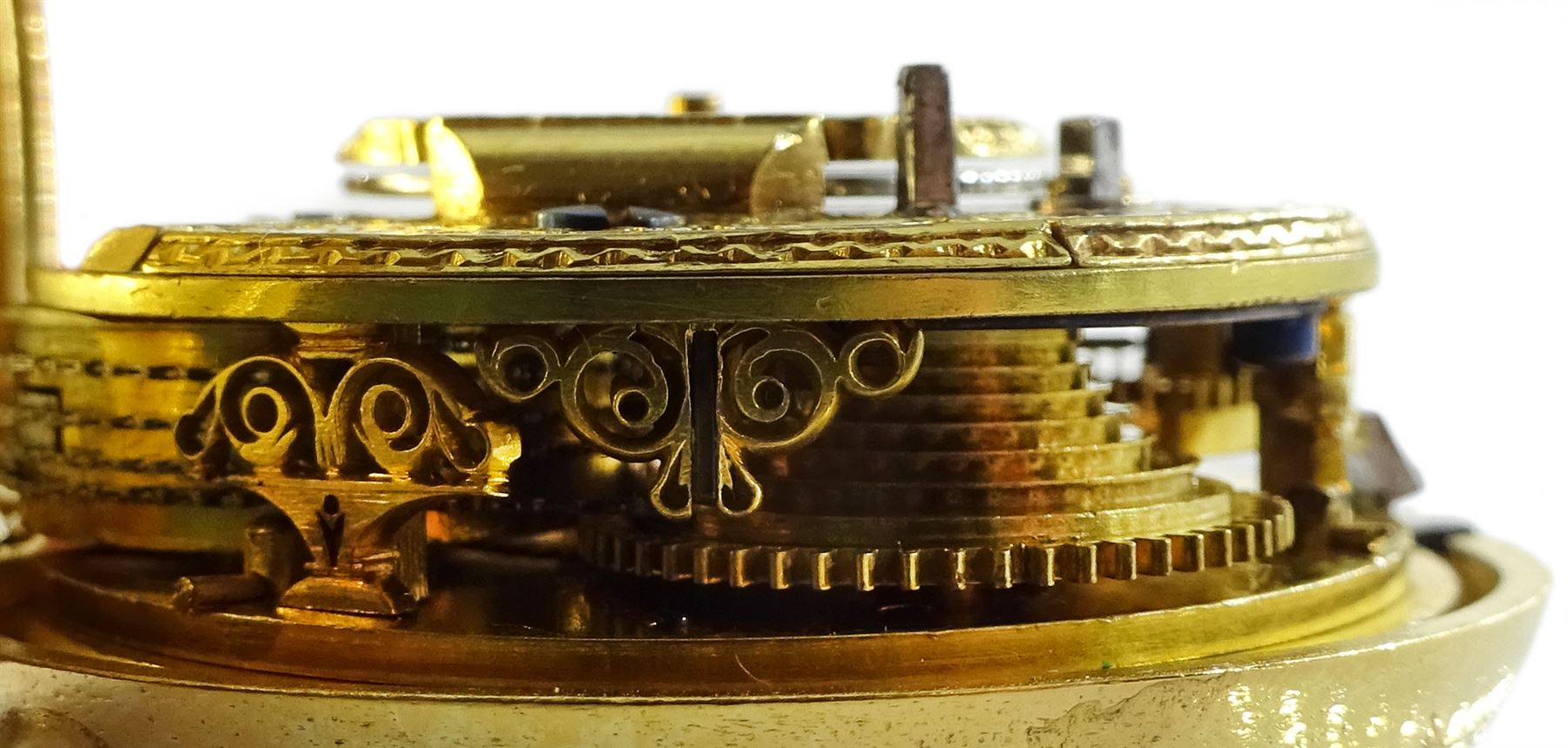 19th century silver-gilt pair cased verge fusee pocket watch for the Turkish market by Edward Prior (London 1800-1868), No. 43339, tulip pillars, pierced and engraved balance cock decorated with a classical urn, white enamel dial with Turkish numerals, beetle and poker hands and bull's eye glass