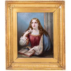 Siegfried Detlev Bendixen (German 1786-c1864): 'Faith' and 'Love', pair oils on panel faintly signed and one dated 1866, titled and inscribed verso 'Painted by S Bendixen 1866 and finished for the Countess of Tyrconnel at Kiplin March 1867', relating these to Kiplin Hall, near Richmond, and the Countess Sarah Carpenter (1799-1868), 27cm x 22cm (2)
Notes: Although the death of the artist is widely recorded as 1864, there is little information available regarding his time in England after moving to London in 1832, and the circumstances of his death are unknown. These portraits being dated 1866/1867 plausibly suggests that he died at a later date.