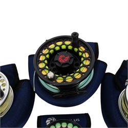 Four Nautilus USA fly reels, comprising T12, no. five and two no. ten models, all within Nautilus pouches