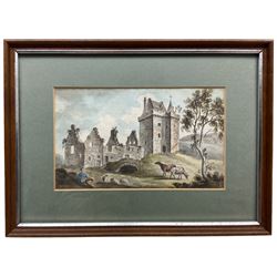 William Beilby (British 1740-1819): Figures by Castle, watercolour unsigned, labelled verso 10cm x 18cm