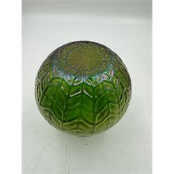 Three Austrian Art Nouveau iridescent glass vases, including a Kralik example of tapering form, with pearlescent lustre body and applied green flower decoration, tallest H18cm