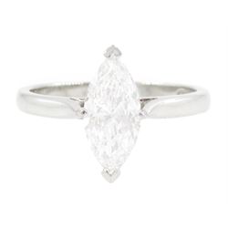 Platinum diamond ring, four claw set with a single marquise cut diamond of 1.01 carat, Lon...