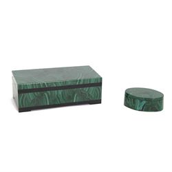 Mosaic malachite trinket box, of rectangular form, the hinged cover opening to reveal a black velvet interior, together with a smaller oval malachite box with removable cover, hinged box H4cm
