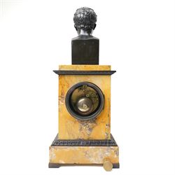 French-First quarter 19th century 8-day sienna marble and bronze-mounted mantel clock of rectangular architectural form, with patinated foliate guilloche pattern cast bronze mounts  in richly figured sienna marble, surmounted a by a classical patinated bronze bust of Napoleon Bonaparte, above a gilt engine turned dial with Roman numerals and blued steel hands, with a twin train Parisian countwheel striking movement, striking the hours and half-hours on a bell, silk suspension with thumb-screw adjustment. With pendulum.
