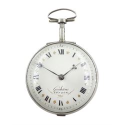 18th century silver and tortoiseshell quadruple cased verge fusee pocket watch by Graham, London, square baluster pillars, pierced and engraved balance cock, signed white enamel dial with Roman numerals and Fleur de Lys decoration, tortoiseshell third outer case with pique work to the borders, in a fitted later white metal fourth case