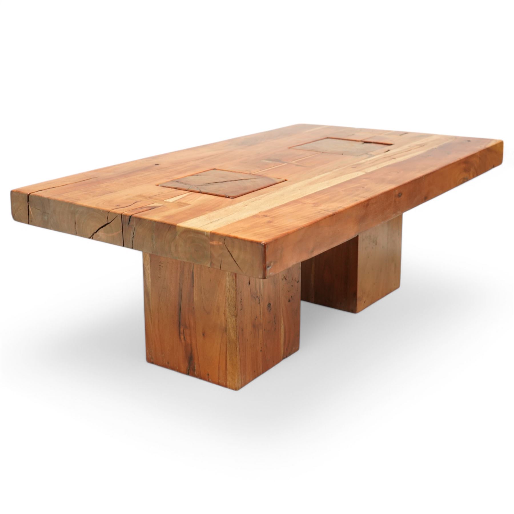 Hardwood coffee table, rectangular top on block supports 