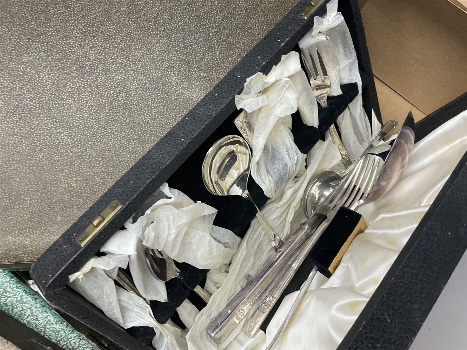 Cased canteens of fish knives and forks, together with part canteen in oak box and various other cased flatware, in two boxes 