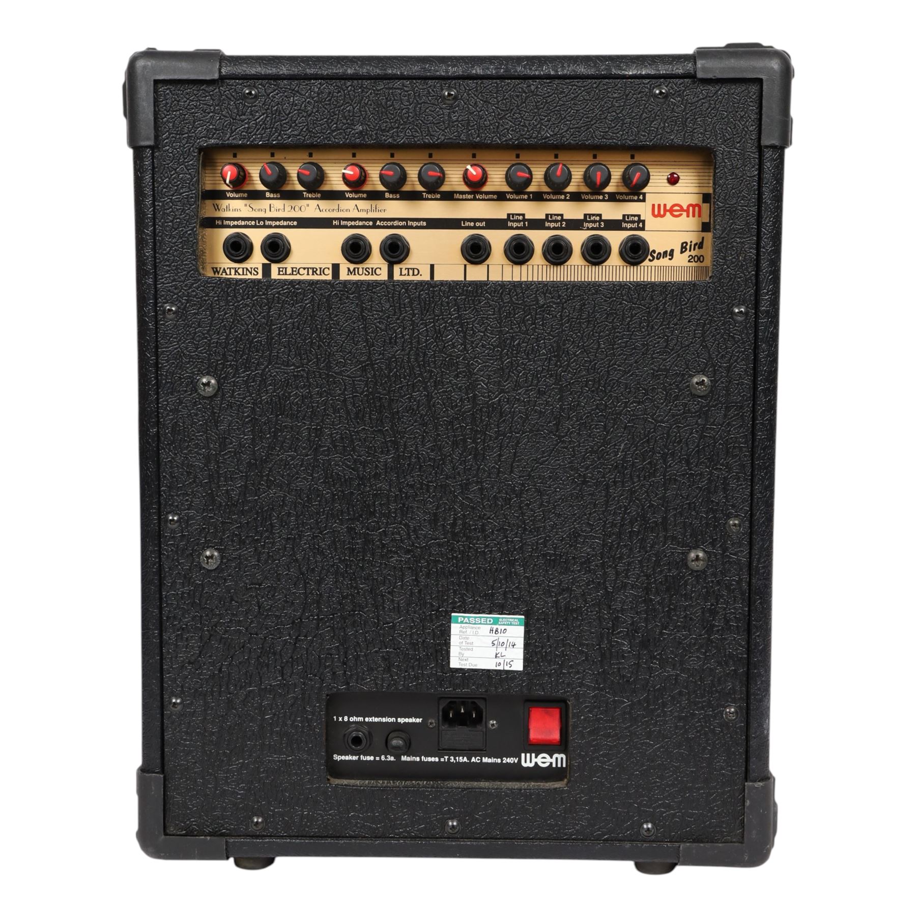 Nine Watkins WEM Song Bird Accordion amplifiers and speakers, including three Silver Songbird Full Range speakers, two Song Bird 200 amplifiers, two WEM amplifier heads and two Song Bird 200 speakers, largest H50cm 