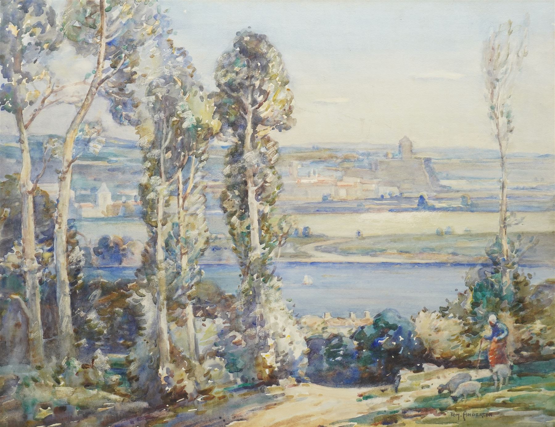 Tom Anderton (British 1894-1956): Shepherd and Sheep on the Riverbank, watercolour signed 43cm x 57cm