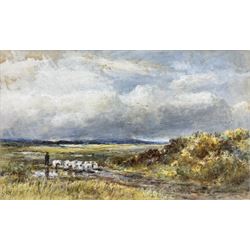 George Russell Gowans (Scottish 1843-1924): Tending to the Flock, watercolour signed with initials 21cm x 34cm