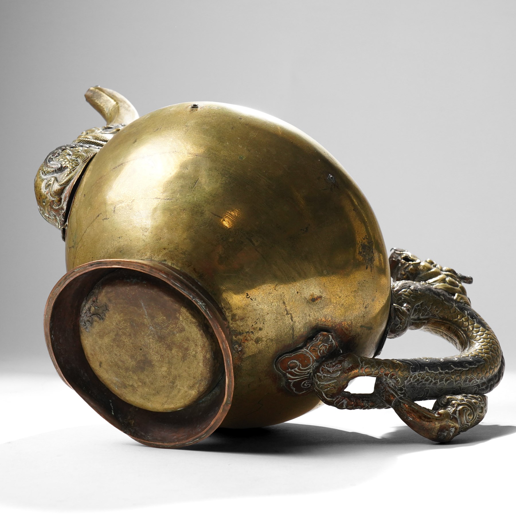 Tibetan brass teapot, the handle and spout formed as a dragon, H21cm